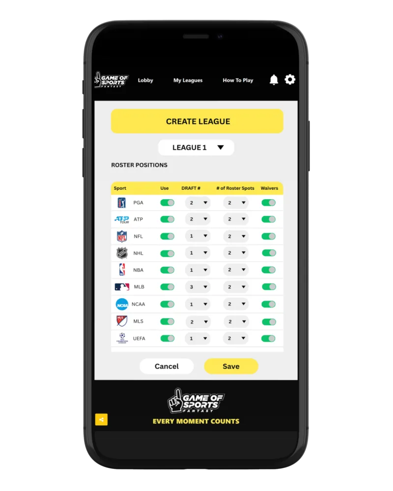 Multi-sport league creation screen